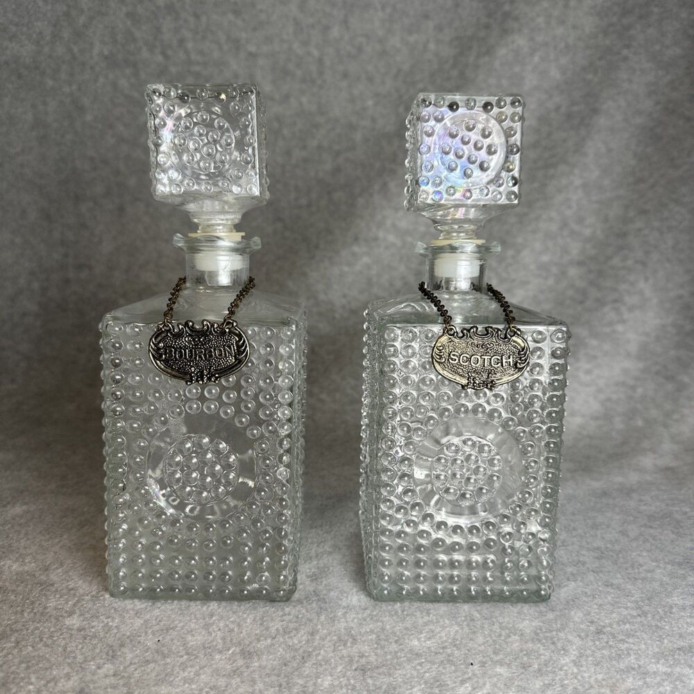Vintage Set 2 Hobnail Glass Decanters Stoppers Metal Labels Iridescent Bubble